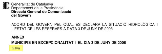 Extracte de l'acord de Govern de la Generalitat de Catalunya pel que Gavà passa de l'excepcionalitat 2 a 1 (3 de juny de 2008)